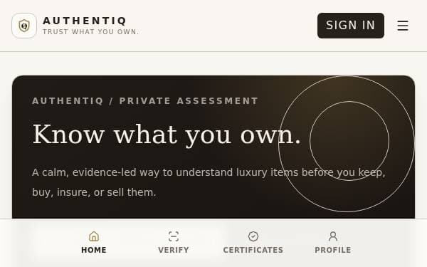 Screenshot of Authentiq Luxury Verification