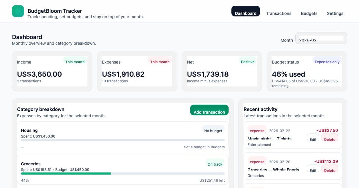 Screenshot of BudgetBloom Tracker