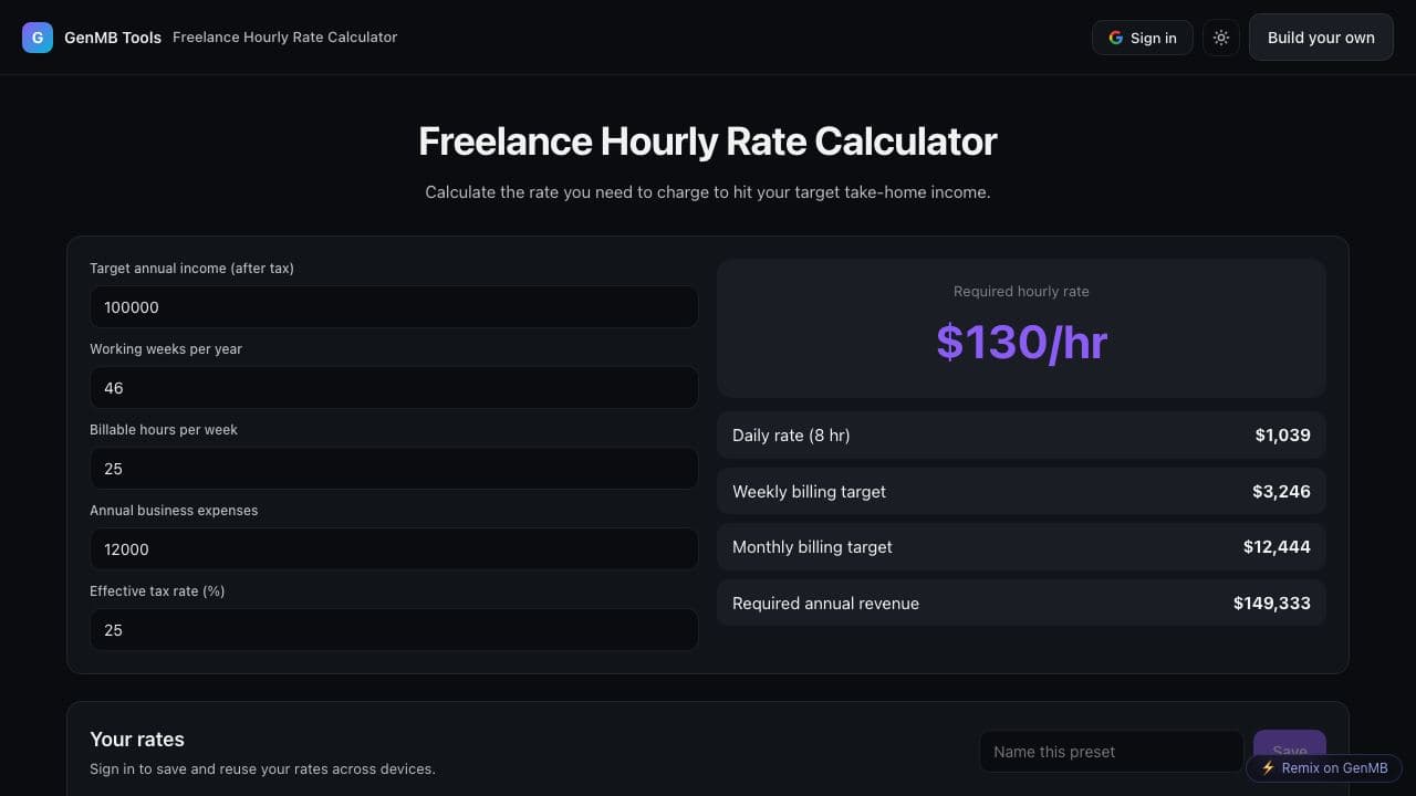 Screenshot of Freelance Hourly Rate Calculator