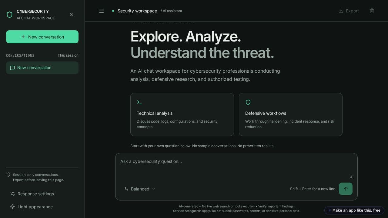 Screenshot of Cybersecurity AI Chat