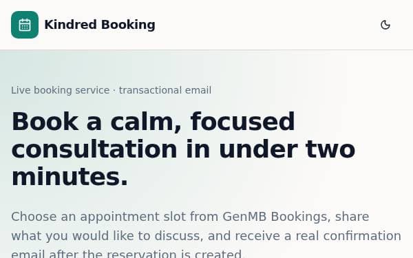 Screenshot of Kindred Booking
