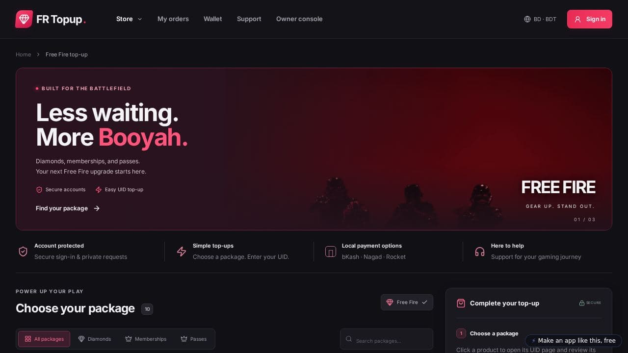 Screenshot of FR Topup — Free Fire Store