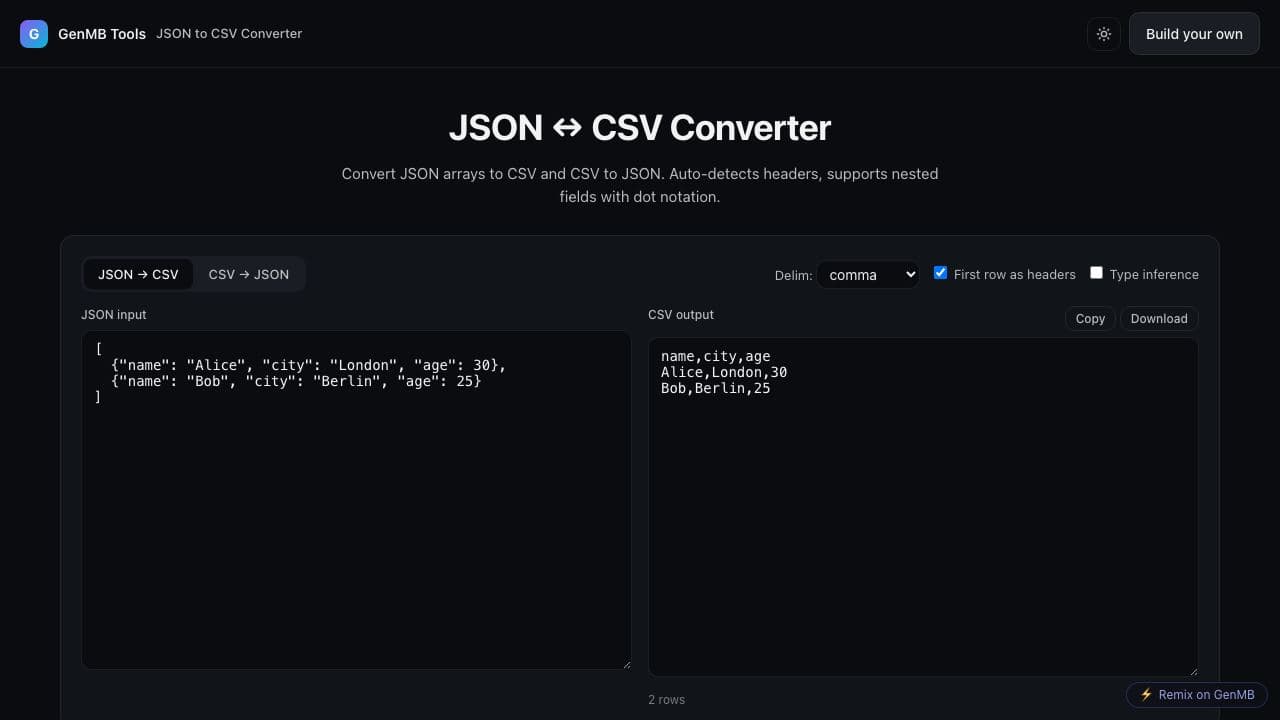Screenshot of JSON to CSV Converter