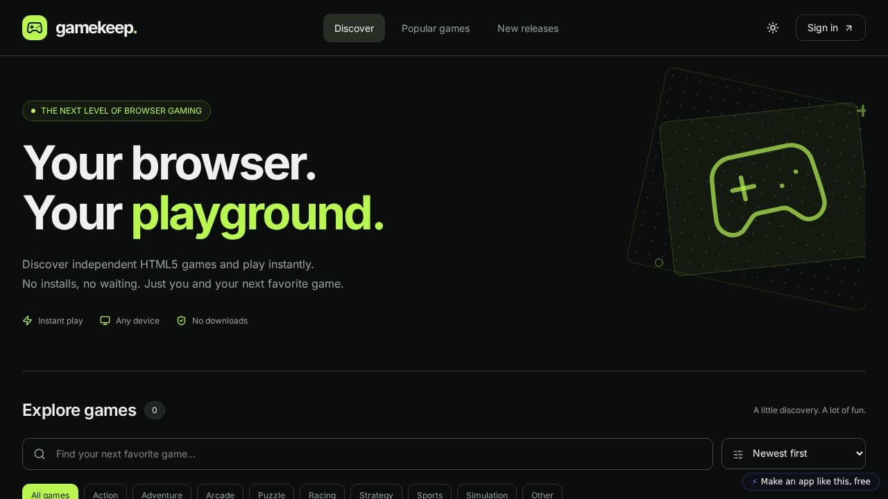 Screenshot of Gamekeep Gaming Platform