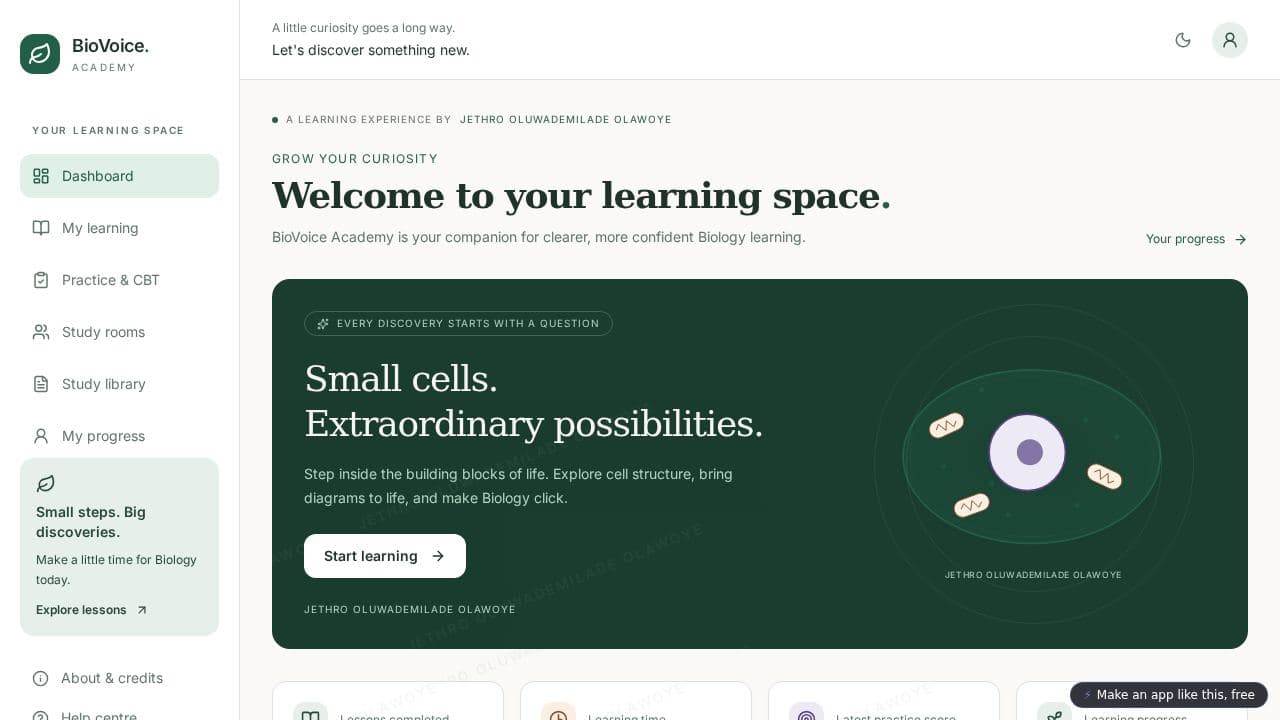 Screenshot of Biology Learning Hub# JETHRO OLUWADEMILADE OLAWOYE