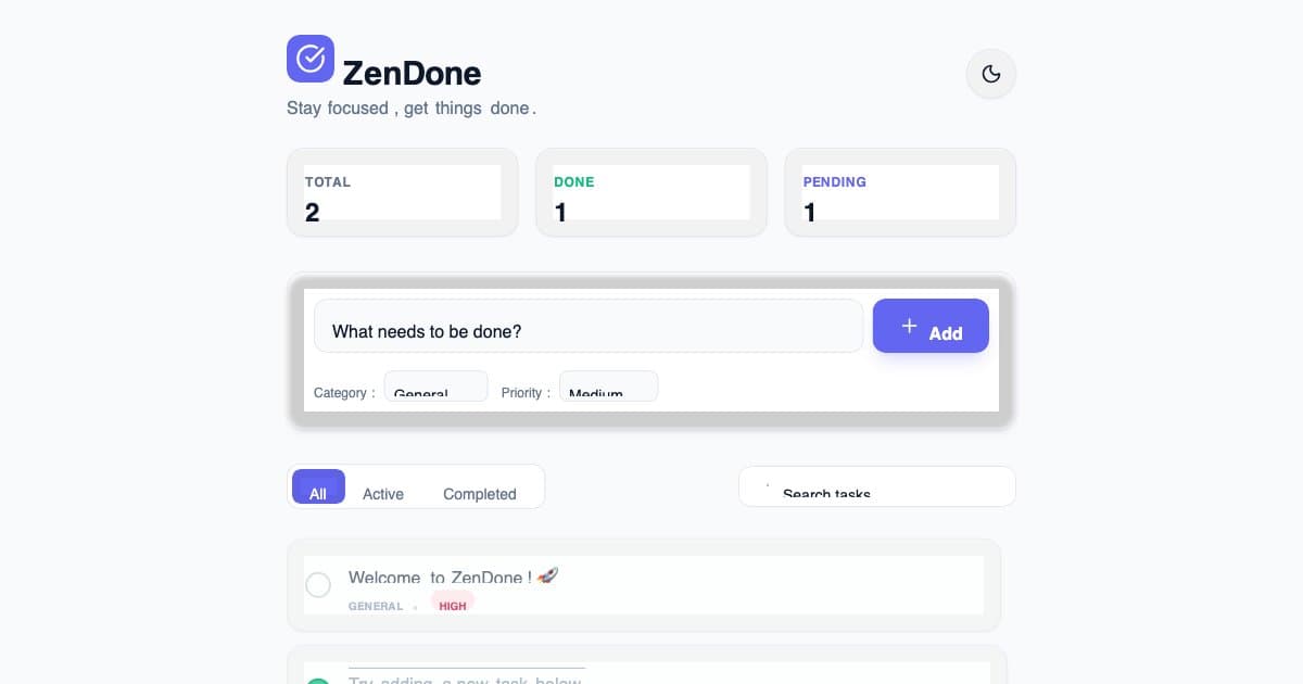 Screenshot of ZenDone Task Studio with Persistent Storage