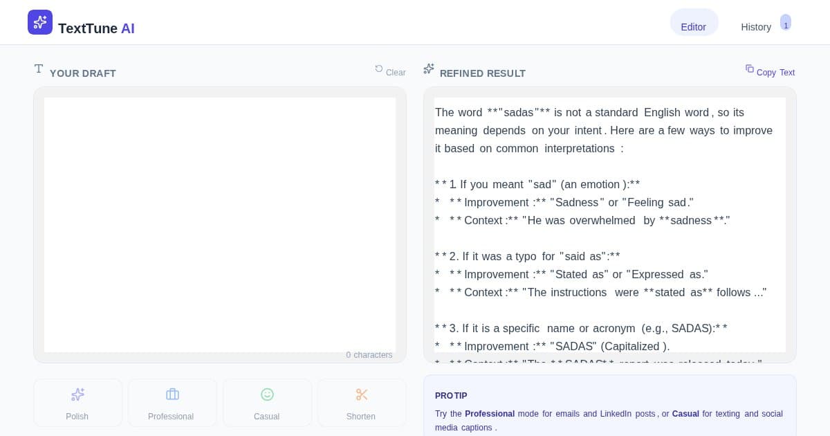 Screenshot of TextTune AI - Refined & Bug Fixed