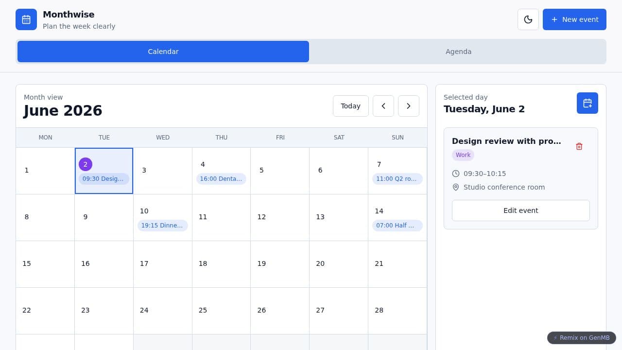 Screenshot of Monthwise Calendar
