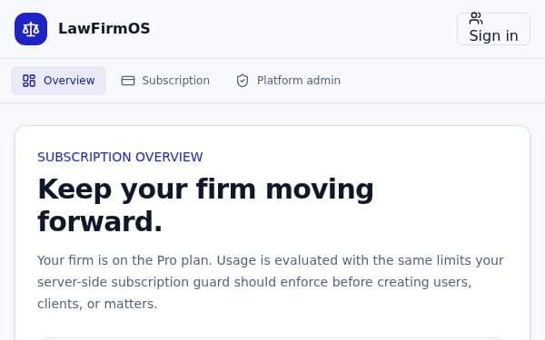 Screenshot of LawFirmOS Subscription Billing