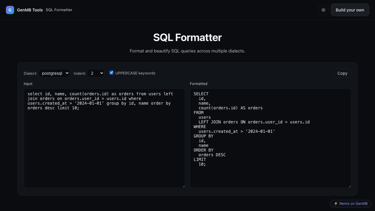 Screenshot of SQL Formatter