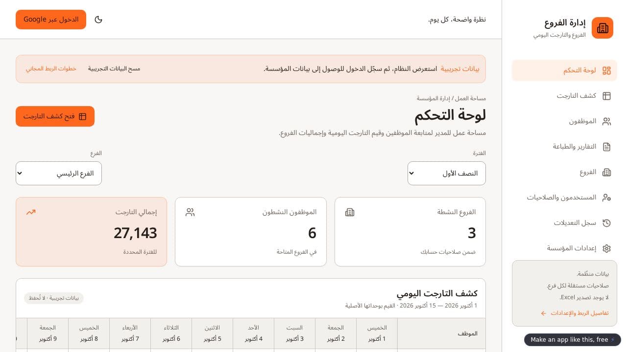 Screenshot of إدارة الفروع والتارجت