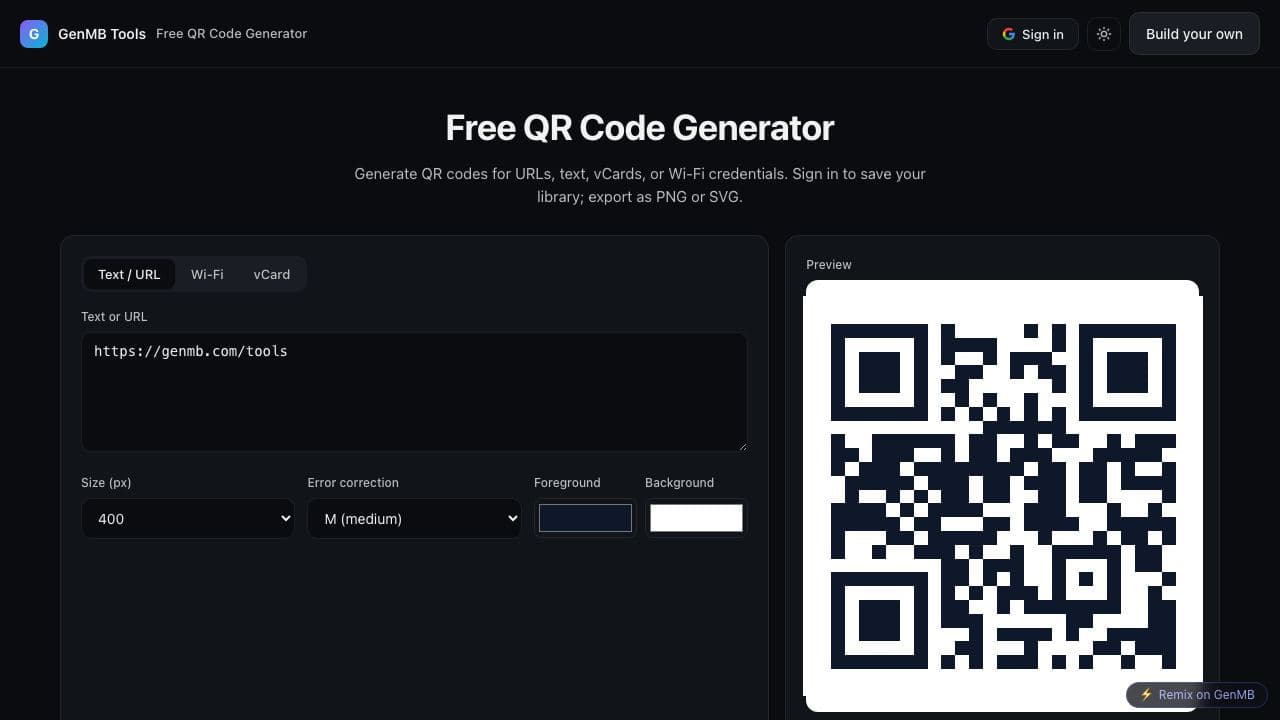 Screenshot of Free QR Code Generator