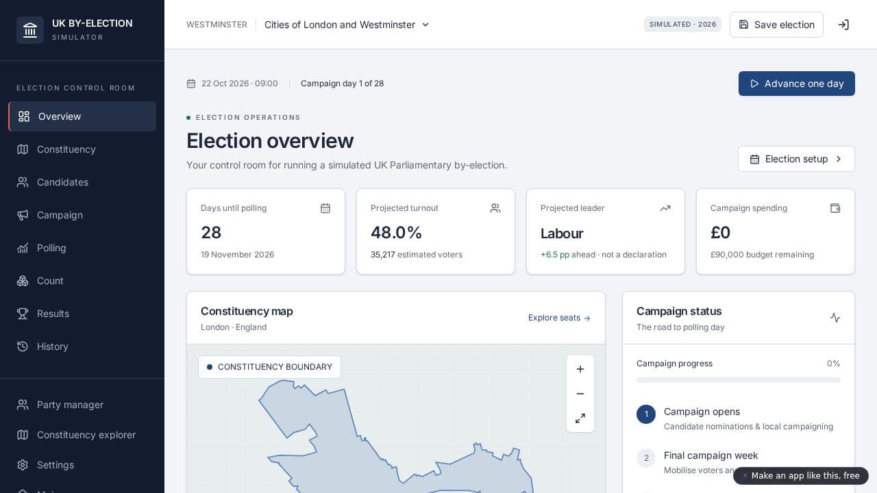 Screenshot of UK By-Election Simulator