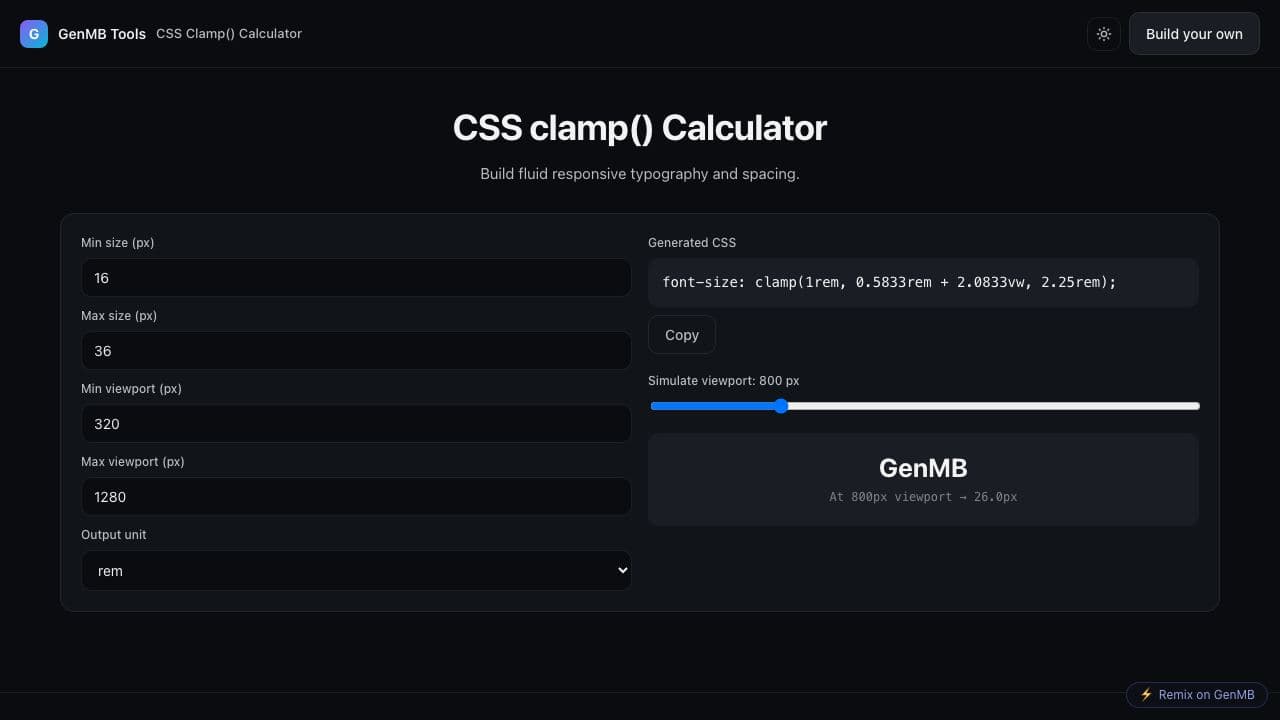 Screenshot of CSS Clamp() Calculator