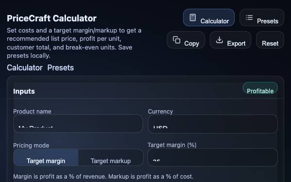 Screenshot of PriceCraft Calculator