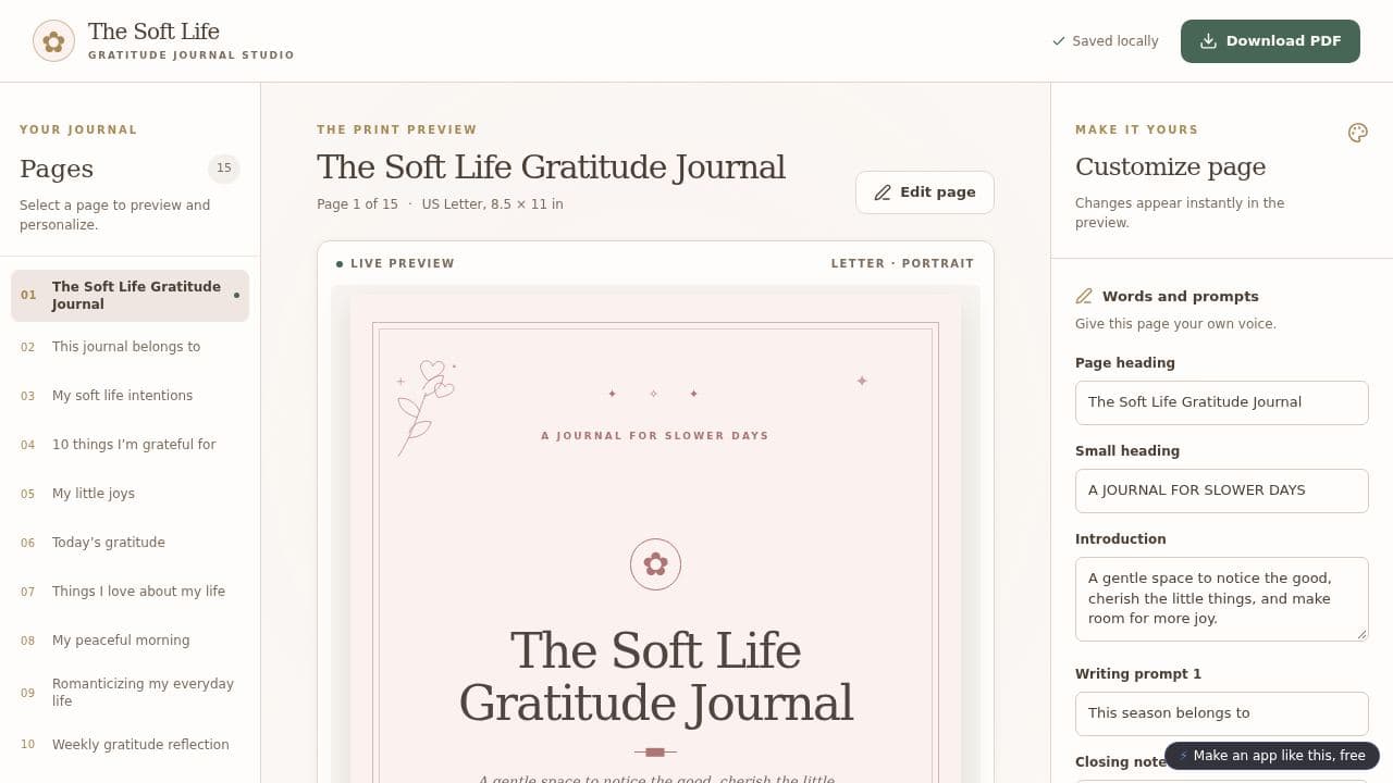 Screenshot of Soft Life Gratitude Journal