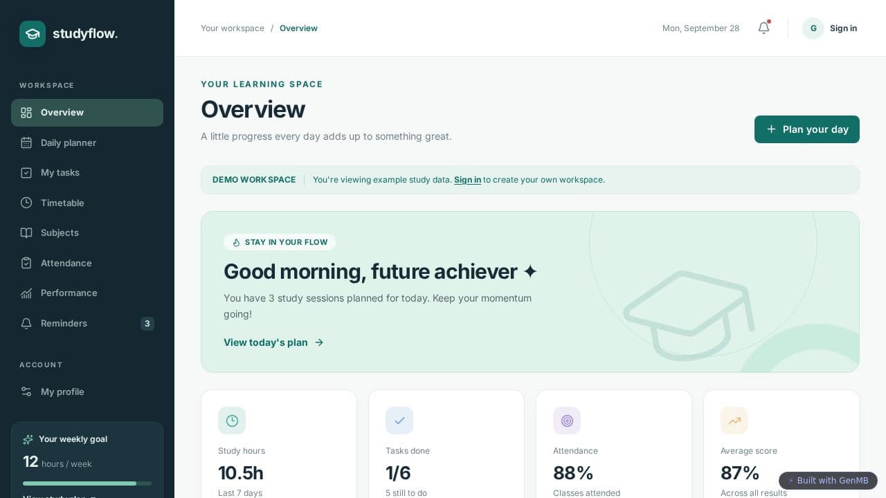 Screenshot of Student Study Planner.