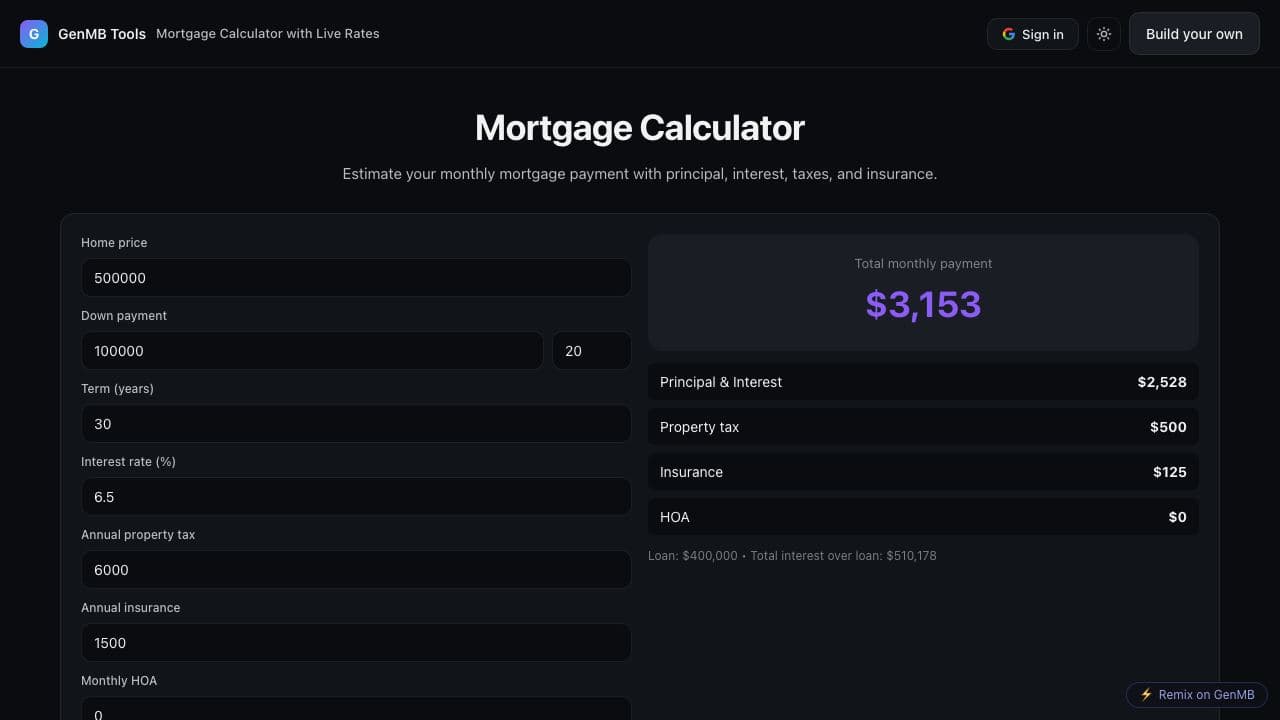 Screenshot of Mortgage Calculator with Live Rates