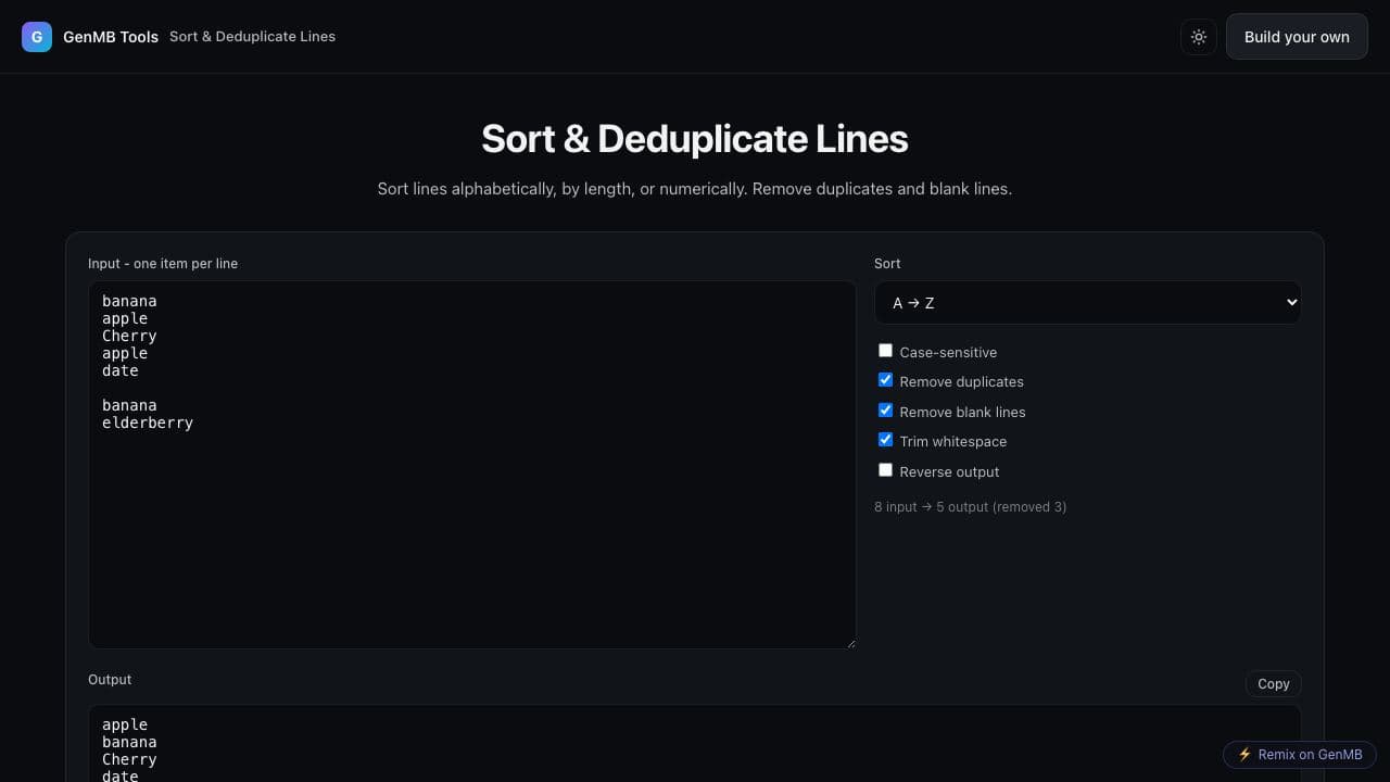 Screenshot of Sort & Deduplicate Lines