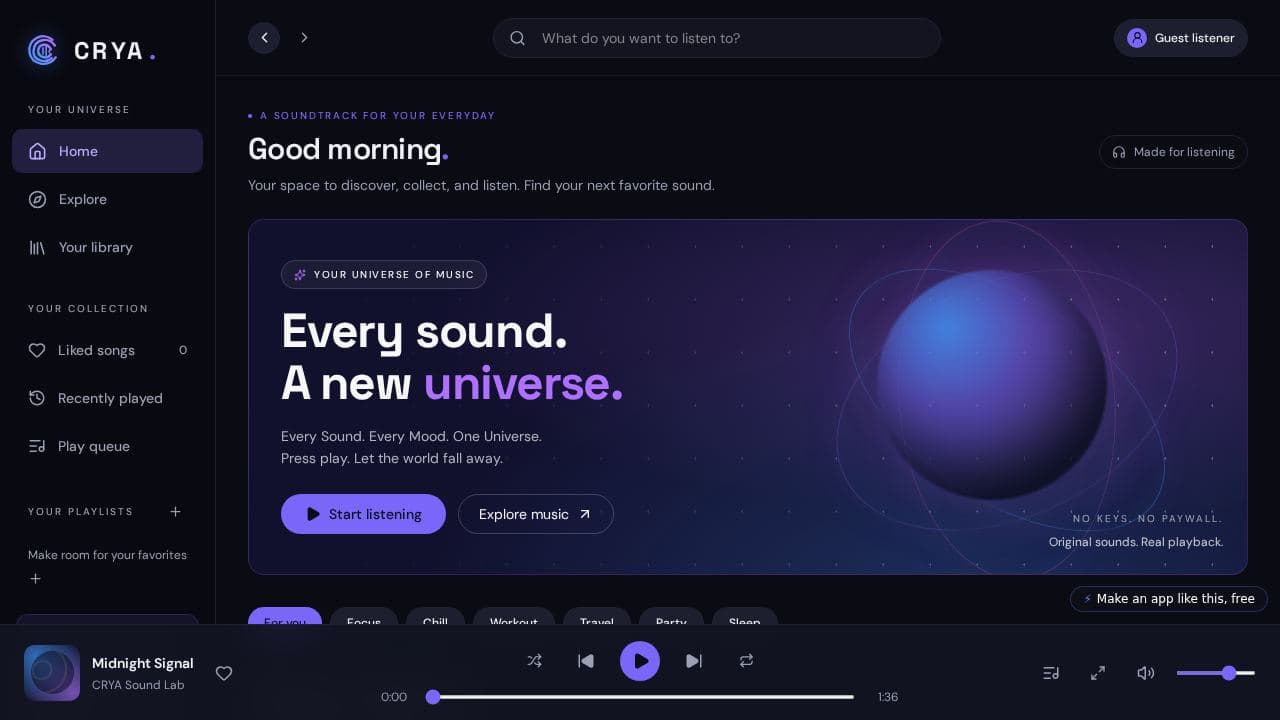Screenshot of CRYA Music Universe