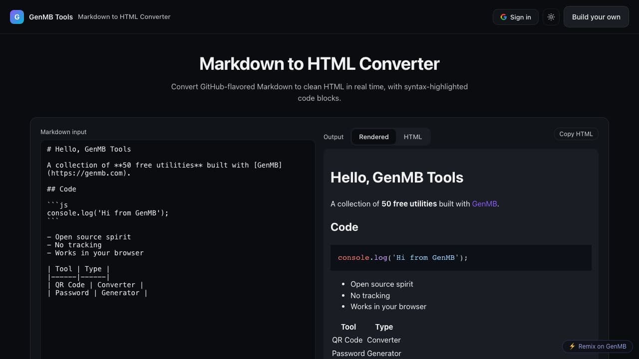 Screenshot of Markdown to HTML Converter