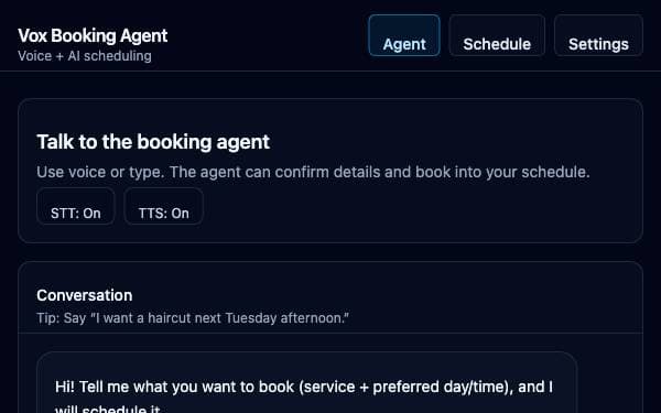 Screenshot of Vox Booking Agent