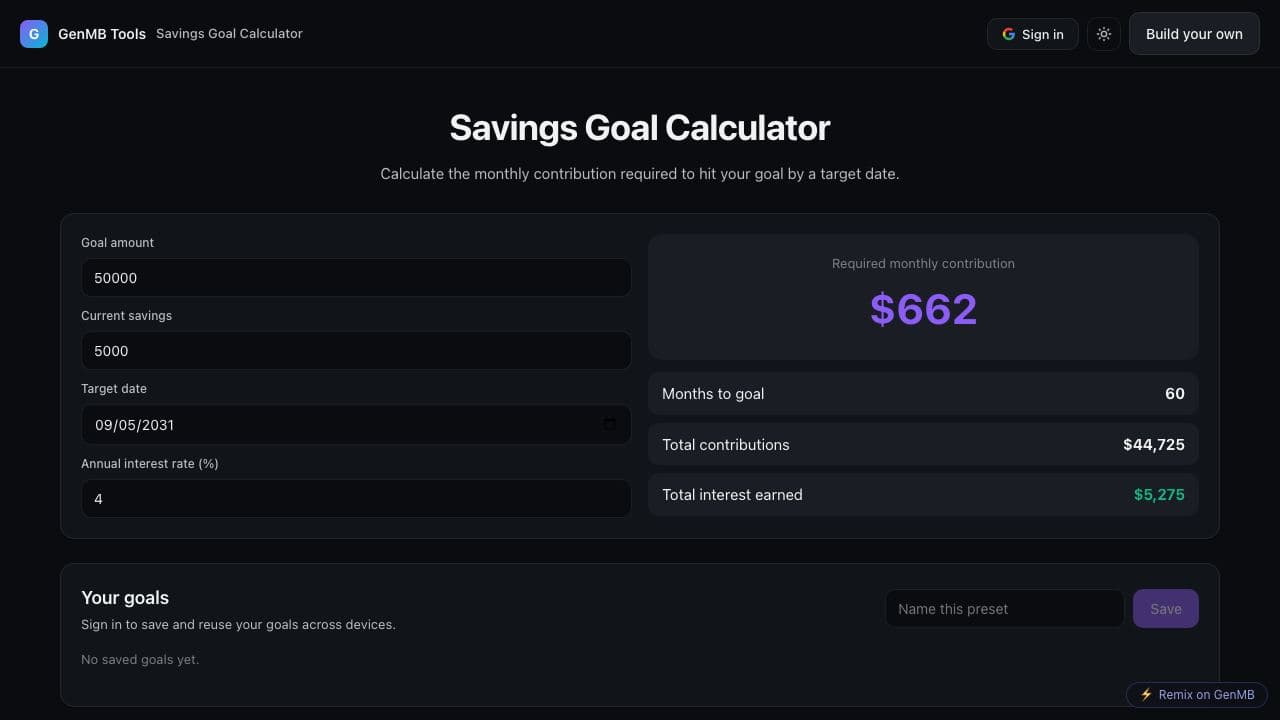 Screenshot of Savings Goal Calculator