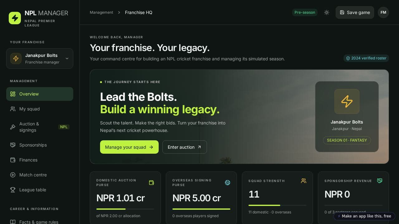Screenshot of NPL Franchise Manager