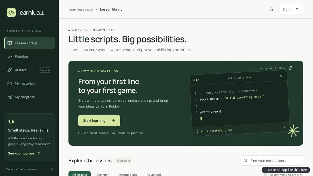 Screenshot of Luau Learning Studio