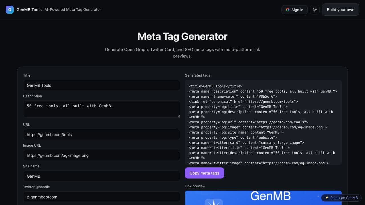 Screenshot of AI-Powered Meta Tag Generator