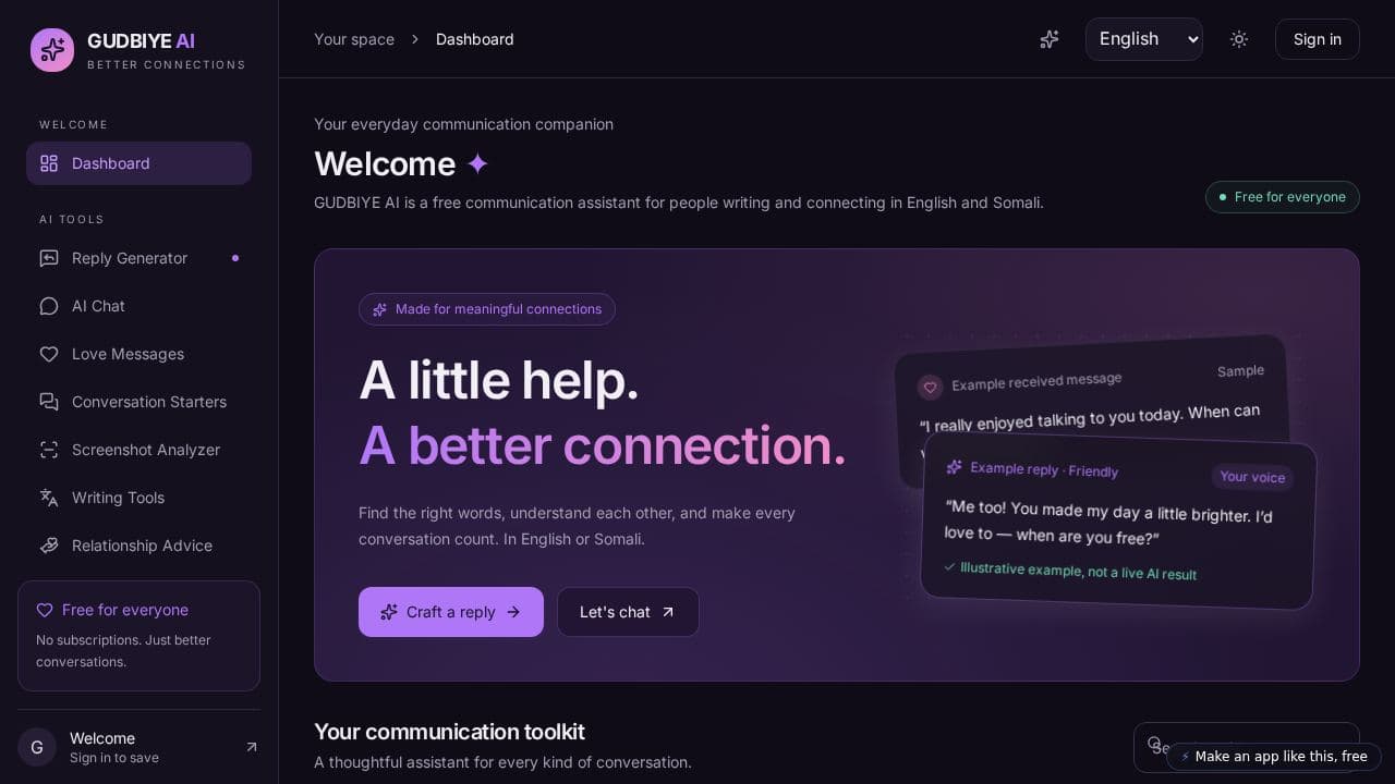 Screenshot of Gudbiye AI