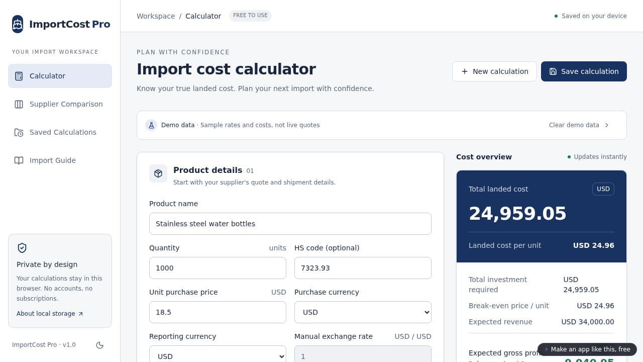 Screenshot of ImportCost Pro