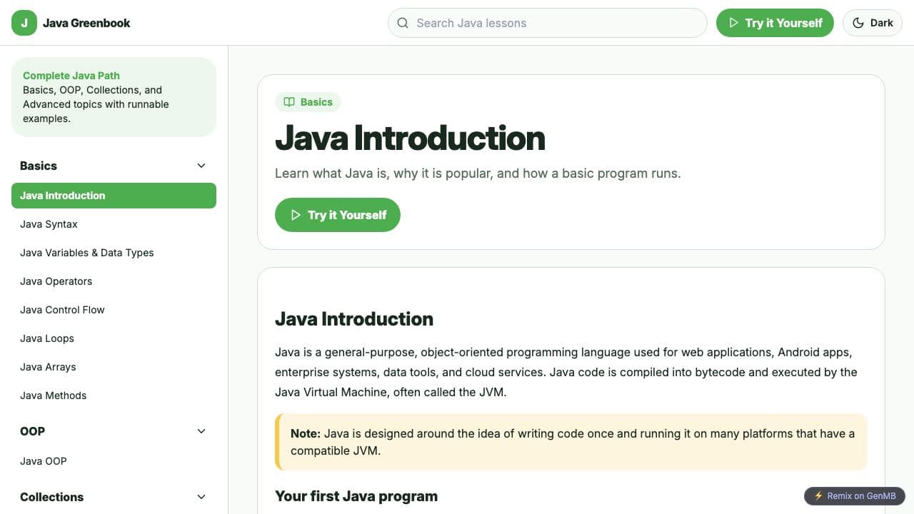 Screenshot of Java Greenbook