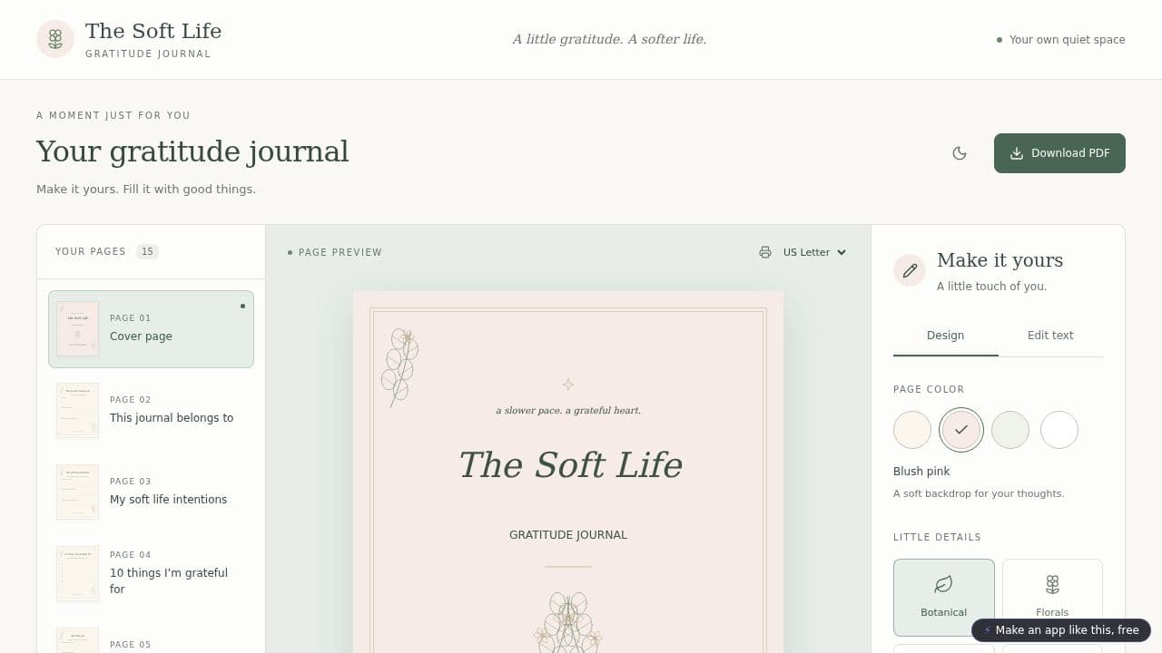 Screenshot of Soft Life Gratitude Journal
