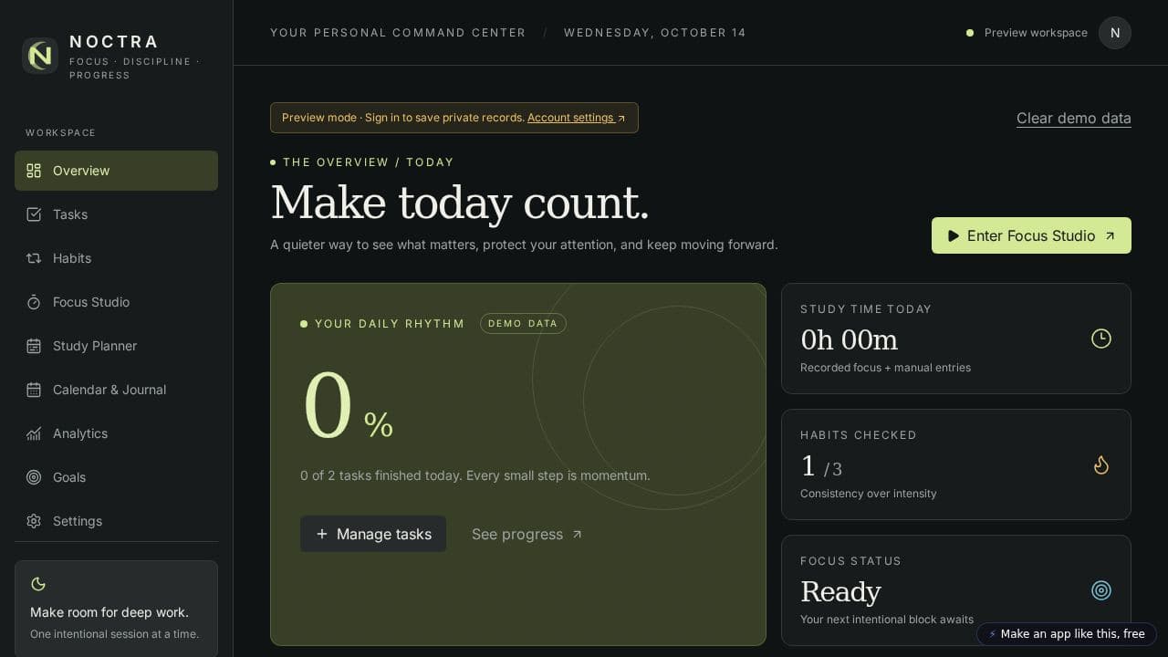 Screenshot of NOCTRA Focus Studio