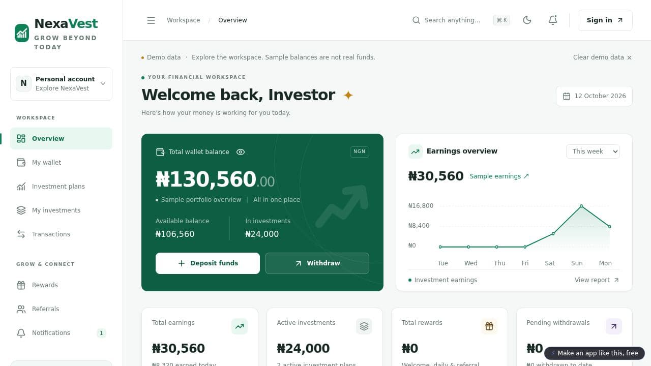 Screenshot of NexaVest Investment Platform