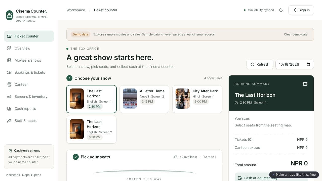 Screenshot of Cinema Cashier Manager