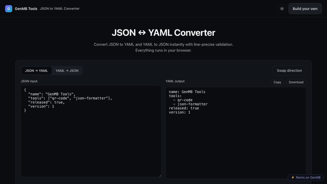 Screenshot of JSON to YAML Converter