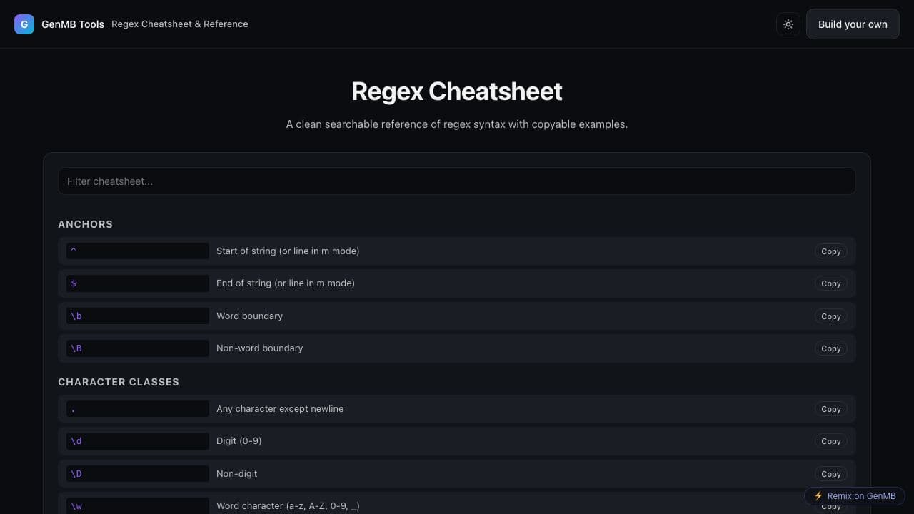 Screenshot of Regex Cheatsheet & Reference