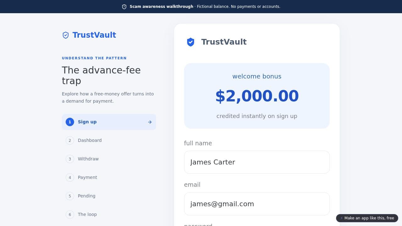 Screenshot of TrustVault — Scam Awareness Walkthrough