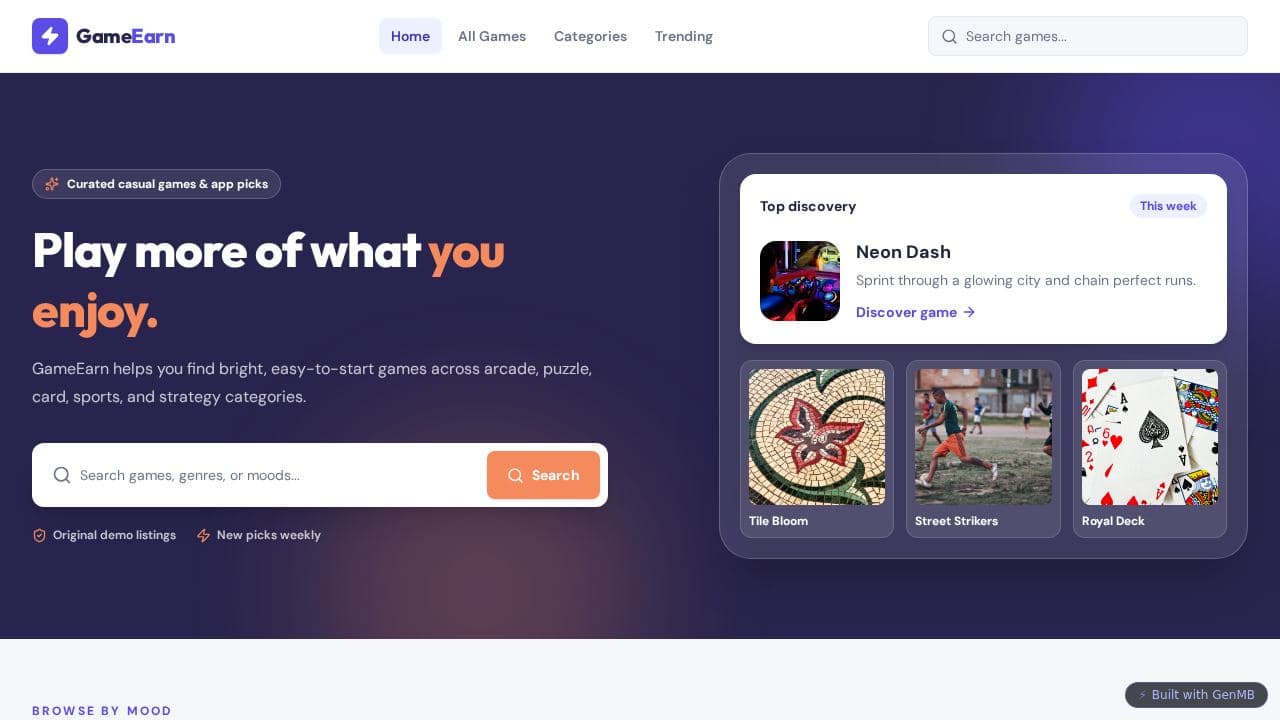 Screenshot of GameEarn Discovery Hub