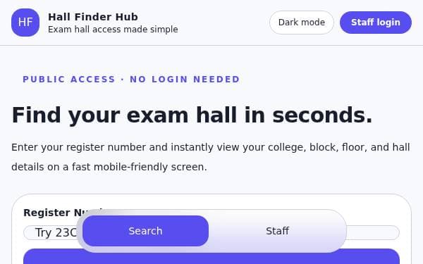 Screenshot of Hall Finder Hub