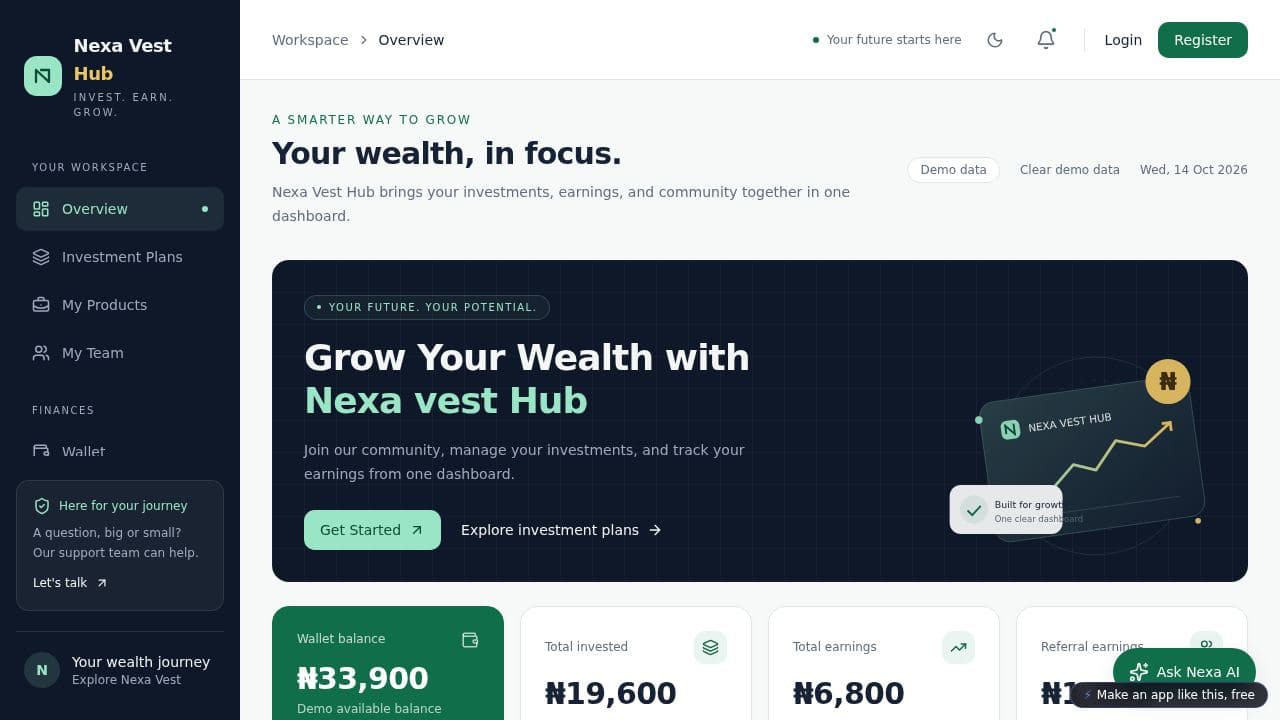 Screenshot of Nexa Vest Hub