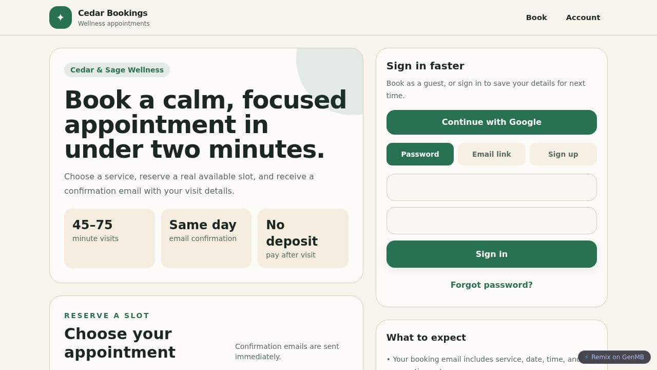 Screenshot of Cedar Bookings