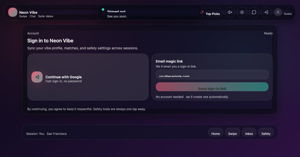 Screenshot of Neon Vibe Dating App