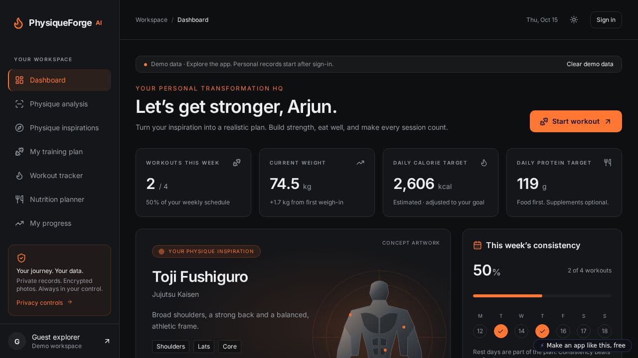 Screenshot of PhysiqueForge AI