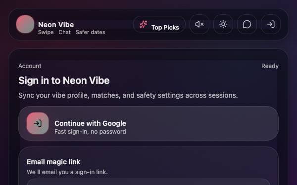 Screenshot of Neon Vibe Dating App