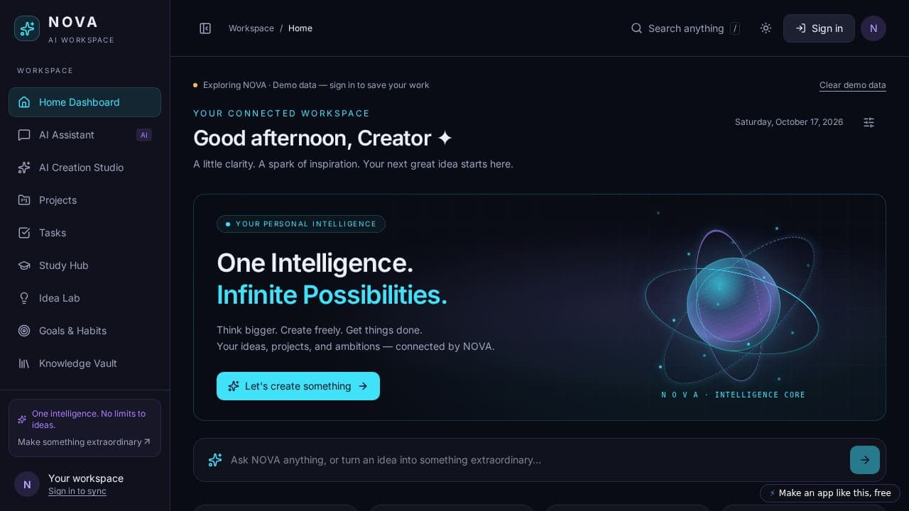 Screenshot of NOVA Productivity Workspace