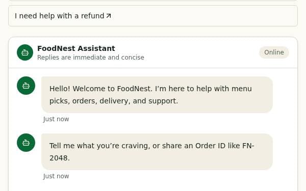 Screenshot of FoodNest Support Chatbot