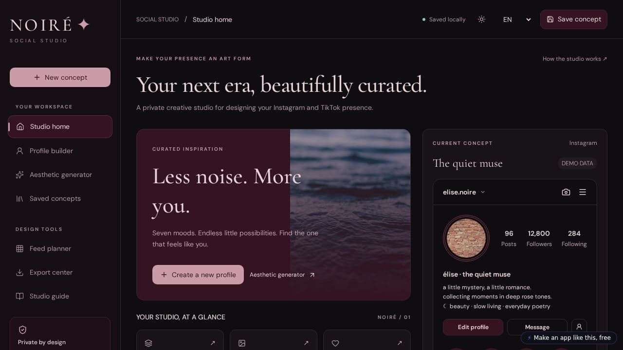 Screenshot of NOIRÉ Social Studio